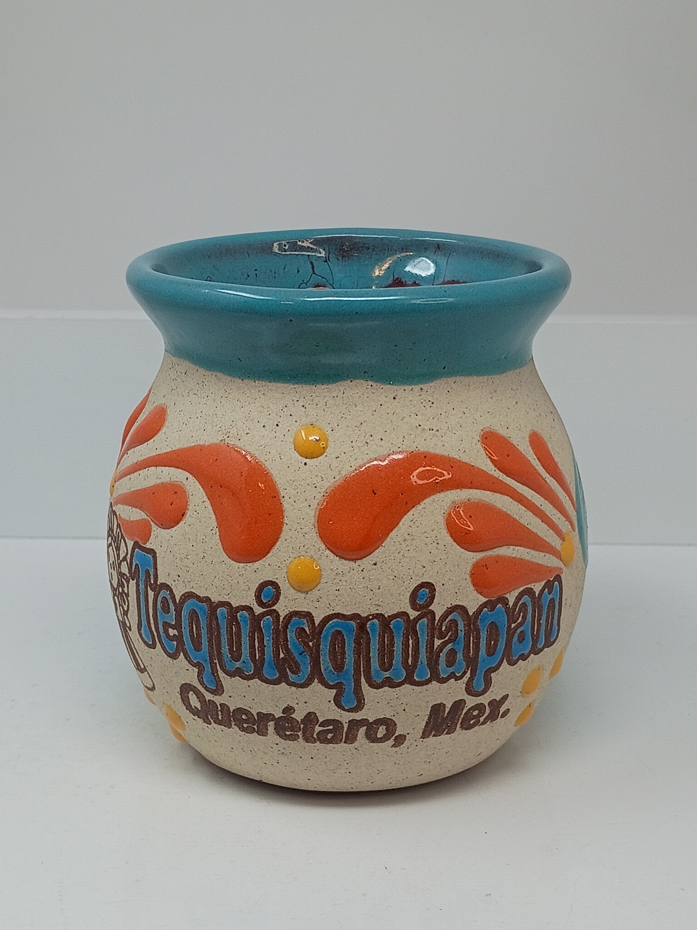 Hand-Painted Ceramic Vase in Turquoise and Orange - Querétaro, Mex.